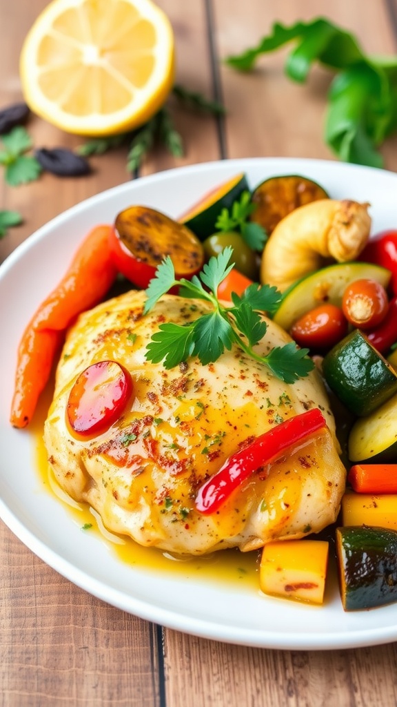 Mediterranean Lemon Herb Chicken served with roasted vegetables on a rustic table.